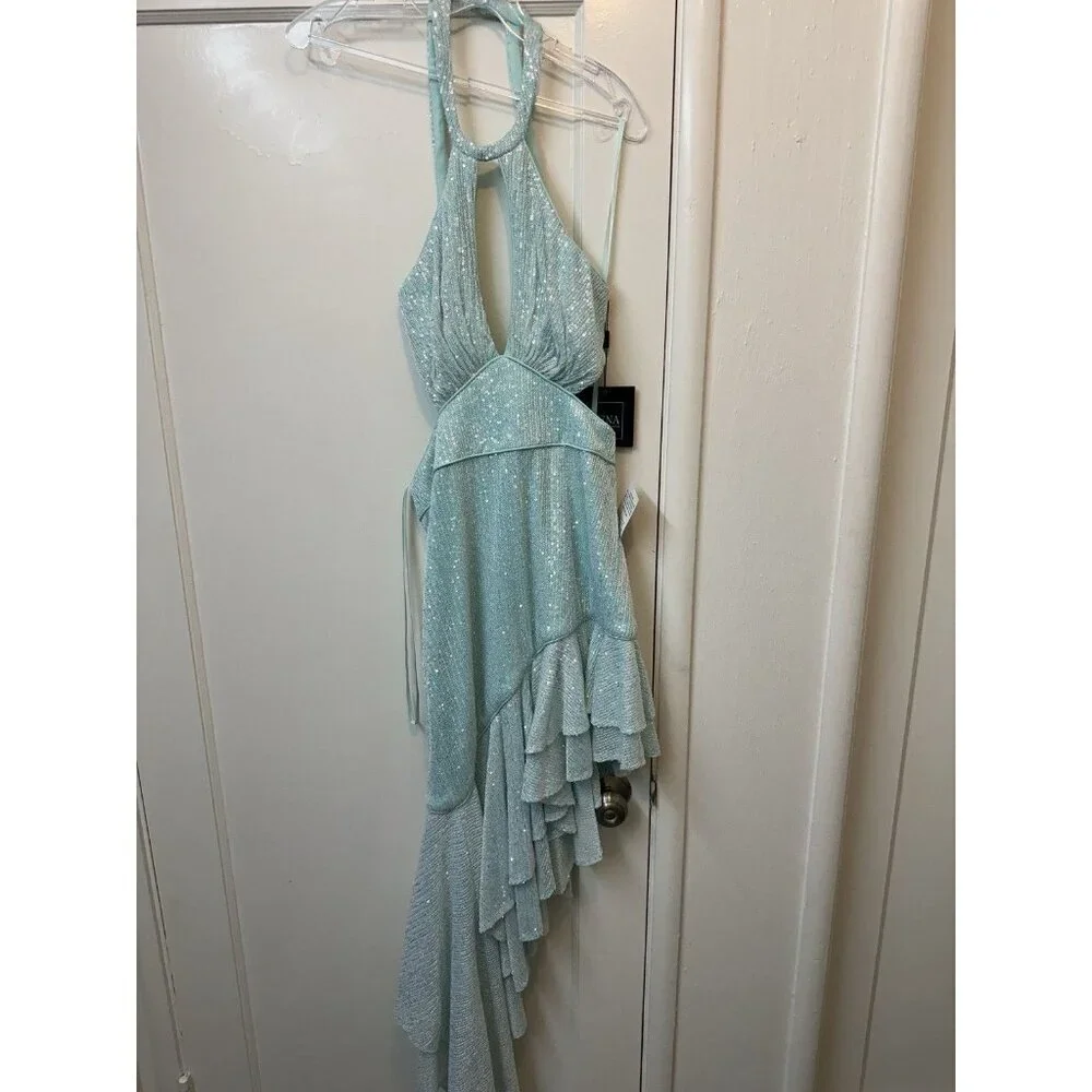 Mac Duggal A11274‎ Aqua Sequined Halter Cut Out Ruffle Asymmetrical Dress Size 8
